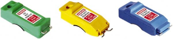 NMC - Polypropylene Circuit Breaker Lockout Set - 1/2" Lockout Length, 2" Lockout Thickness, 3/4" Lockout Width, 1 Padlock, 1 Circuit, Includes (3) Miniature Circuit Breaker Lockouts: Pin In Standard, Pin Out Standard & Pin Out Wide, English - Exact Tooling