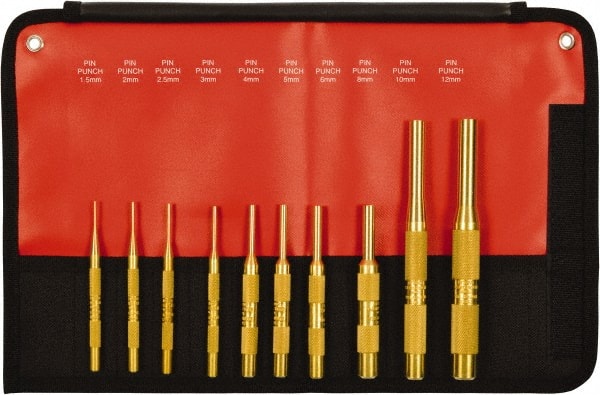Mayhew - 10 Piece, 1.5 to 12mm, Pin Punch Set - Round Shank, Brass, Comes in Kit Bag - Exact Tooling
