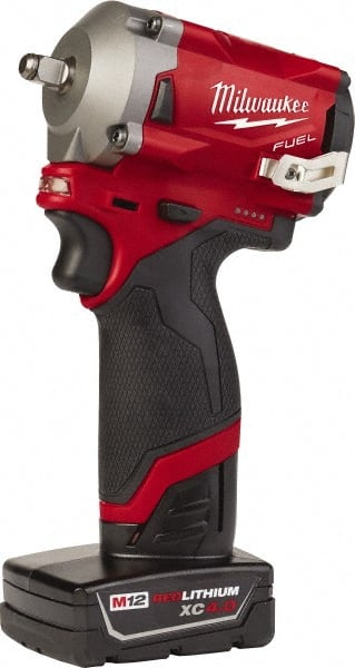Milwaukee Tool - 3/8" Drive 12 Volt Pistol Grip Cordless Impact Wrench & Ratchet - 2,700 RPM, 0 to 3,200 BPM, 250 Ft/Lb Torque, 2 Lithium-Ion Batteries Included - Exact Tooling