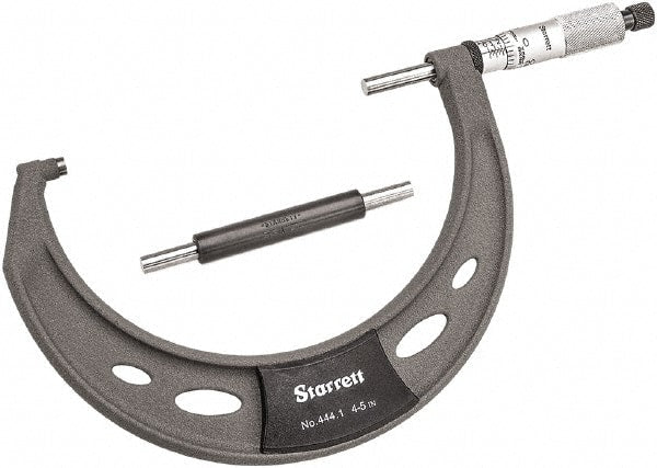 Starrett - 4 to 5" Range, 0.0001" Graduation, Mechanical Outside Micrometer - Ratchet Thimble, 2-3/4" Throat Depth, Accurate to 0.0001" - Exact Tooling