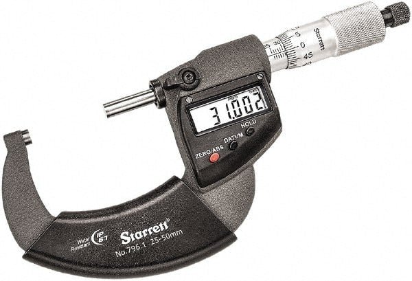 Starrett - 25 to 50mm Range, 0.001mm Graduation, Mechanical Outside Micrometer - Ratchet Thimble, 30mm Throat Depth, Accurate to 0.001mm - Exact Tooling