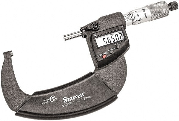 Starrett - 50 to 75mm Range, 0.001mm Graduation, Mechanical Outside Micrometer - Ratchet Thimble, 43mm Throat Depth, Accurate to 0.001mm - Exact Tooling