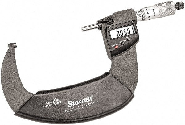 Starrett - 75 to 100mm Range, 0.001mm Graduation, Mechanical Outside Micrometer - Ratchet Thimble, 55mm Throat Depth, Accurate to 0.001mm - Exact Tooling