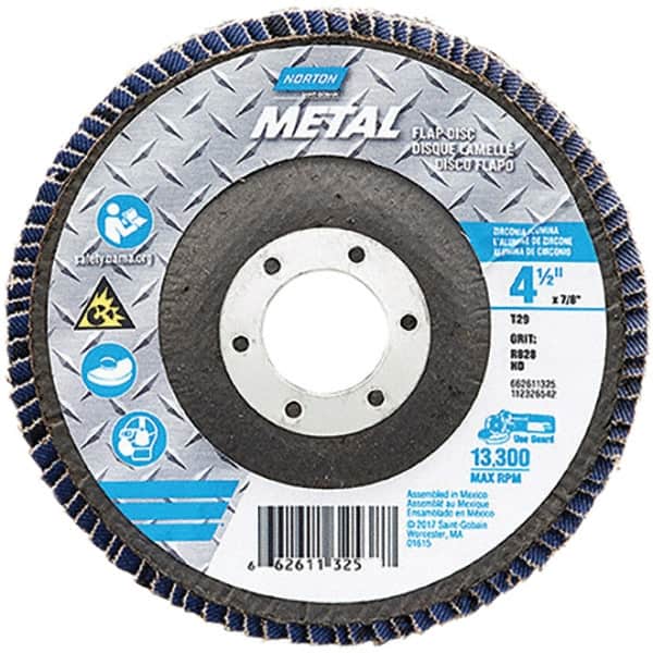 Norton - 80 Grit, 4-1/2" Disc Diam, 7/8" Center Hole, Type 29 Zirconia Alumina Flap Disc - 13,300 Max RPM, Fiberglass Backing, Arbor Attaching System, Coated - Exact Tooling