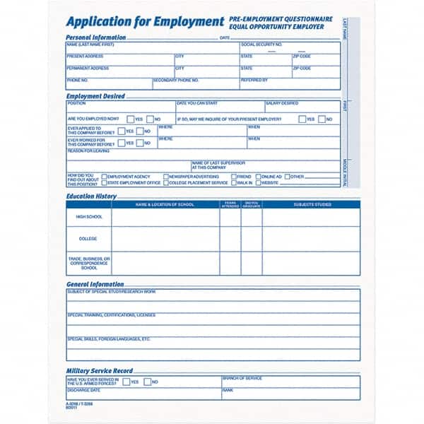 TOPS - 25 Sheet, 17 x 11", Employment Application Form - Purple & White - Exact Tooling