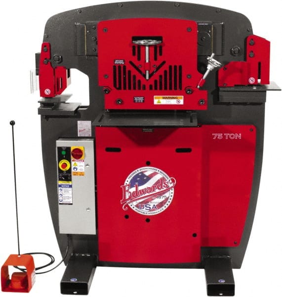 Edwards Manufacturing - 10" Throat Depth, 75 Ton Punch Pressure, 1-1/16" in 7/8" Punch Capacity Ironworker - 7-1/2 hp, 3 Phase, 460 Volts, 50" Wide x 60-1/4" High x 45" Deep - Exact Tooling