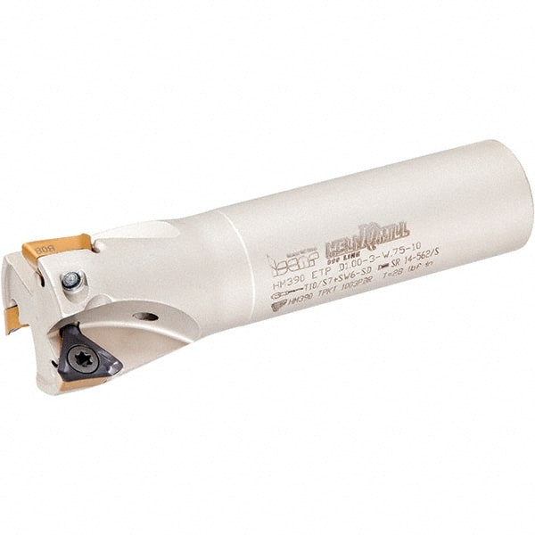 Iscar - 1-1/2" Cut Diam, 0.315" Max Depth of Cut, 1-1/2" Shank Diam, 9.84" OAL, Indexable Square Shoulder Helical End Mill - HM390 TPKT 1003 Inserts, Cylindrical Shank, 90° Lead Angle, Through Coolant, Series HeliIQMill - Exact Tooling