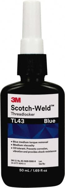 3M - 50 mL, Blue, Medium Strength Liquid Threadlocker - Series TL43, 24 hr Full Cure Time - Exact Tooling