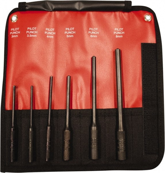 Mayhew - 6 Piece, 3 to 8mm, Pin & Pilot Punch Set - Hex Shank, Steel, Comes in Kit Bag - Exact Tooling