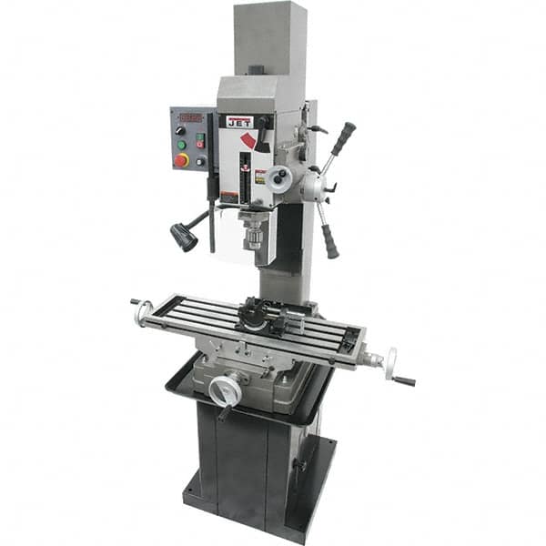Jet - 3 Phase, 19-11/16" Swing, Geared Head Mill Drill Combination - 32-1/4" Table Length x 9-1/2" Table Width, 20-1/2" Longitudinal Travel, 8-1/4" Cross Travel, Variable Spindle Speeds, 1.5 hp, 230 Volts - Exact Tooling