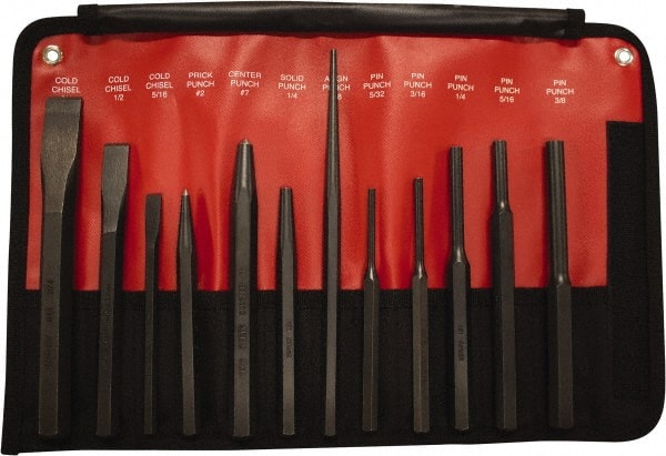 Mayhew - 12 Piece Cold Chisel, Prick, Center, Solid & Pin Punch Set - 5/16 to 3/4" Chisel, 5/32 to 3/8" Punch, Hex Shank - Exact Tooling