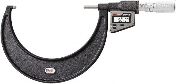 Starrett - 127 to 152 mm Range, 0.0001" Resolution, Standard Throat, Electronic Outside Micrometer - 0.0002" Accuracy, Friction Thimble, Micro Lapped Carbide Face, CR2450 Battery, Includes 3V Battery - Exact Tooling