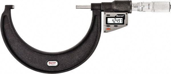 Starrett - 101 to 127 mm Range, 0.0001" Resolution, Standard Throat, Electronic Outside Micrometer - 0.0002" Accuracy, Friction Thimble, Micro Lapped Carbide Face, CR2450 Battery, Includes 3V Battery - Exact Tooling
