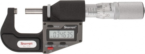 Starrett - 0 to 25 mm Range, 0.0001" Resolution, Standard Throat, Electronic Outside Micrometer - 0.0001" Accuracy, Friction Thimble, Micro Lapped Carbide Face, CR2450 Battery, Includes 3V Battery - Exact Tooling