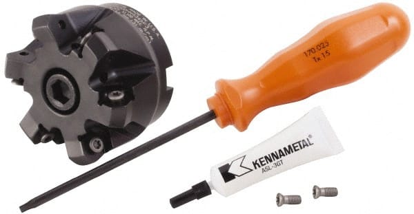 Kennametal - 2" Cut Diam, 3/4" Arbor Hole, 3.23mm Max Depth of Cut, 45° Indexable Chamfer & Angle Face Mill - 6 Inserts, HNGJ 0604... Insert, Right Hand Cut, 6 Flutes, Through Coolant, Series Dodeka Mini - Exact Tooling