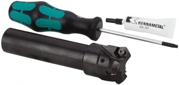 Kennametal - 45° Lead Angle, 39.93mm Max Cut Diam, 1-1/4" Min Cut Diam, 3.23mm Max Depth of Cut, Indexable Chamfer and Angle End Mill - 3 Inserts, HNGJ 0604ANENLD Insert Style, 132.08mm Overall Length, Through Coolant, Straight Shank - Exact Tooling