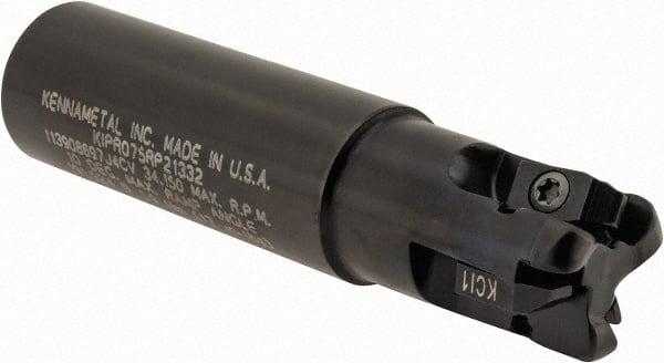 Kennametal - 3/4" Cutting Diam, 3/4" Shank Diam, 3/4" Max Depth of Cut, Straight Shank Indexable Copy End Mill - 3 Inserts, RP.. 2150.. Insert, KIPR Toolholder, Through Coolant - Exact Tooling