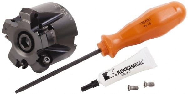 Kennametal - 6 Inserts, 2-1/2" Cutter Diam, 0.059" Max Depth of Cut, Indexable High-Feed Face Mill - 3/4" Arbor Hole Diam, 1-3/4" High, KF2X Toolholder, WOEJ 0905.. Inserts, Series KenFeed 2X - Exact Tooling