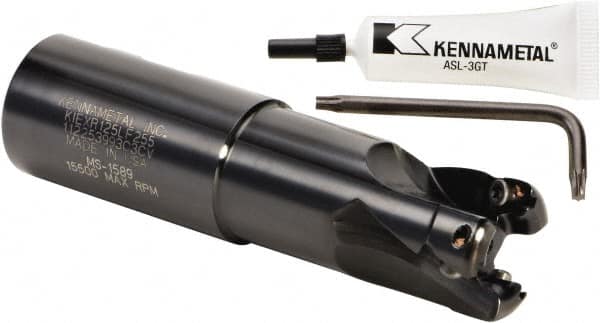 Kennametal - 1-1/4" Cut Diam, 0.404" Max Depth of Cut, 1-1/4" Shank Diam, 122.94mm OAL, Indexable Square Shoulder End Mill - LF.W 2.52.R Inserts, Weldon Shank, 0° Lead Angle, Series RPF - Exact Tooling