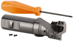 Kennametal - 40mm Cut Diam, 42mm Max Depth of Cut, 32mm Shank Diam, 130mm OAL, Indexable Square Shoulder Helical End Mill - GOMT 13T3.., JOMT 13T3.. Inserts, Weldon Shank, 0° Lead Angle, Series KDMR - Exact Tooling