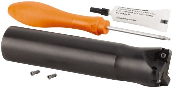 Kennametal - 1-1/2" Cut Diam, 0.059" Max Depth, 1-1/4" Shank Diam, Cylindrical Shank Indexable High-Feed Helical End Mill - Screw Holding Method, WOEJ090512.. Insert, KF2X Toolholder, Through Coolant - Exact Tooling