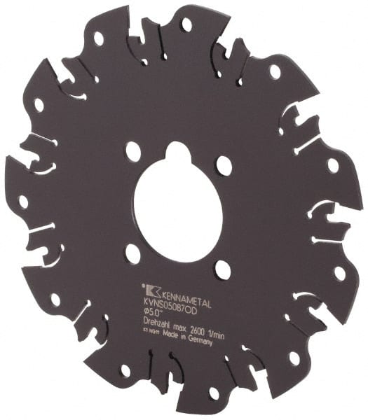 Kennametal - Arbor Hole Connection, 0.089" Cutting Width, 1-3/8" Depth of Cut, 5" Cutter Diam, 1-1/4" Hole Diam, 11 Tooth Indexable Slotting Cutter - KVNS Toolholder, OD 2087.. Insert - Exact Tooling