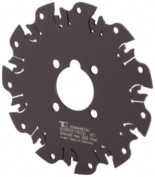 Kennametal - Arbor Hole Connection, 1/8" Cutting Width, 1-3/8" Depth of Cut, 5" Cutter Diam, 1-1/4" Hole Diam, 11 Tooth Indexable Slotting Cutter - KVNS Toolholder, OD 3118.. Insert - Exact Tooling