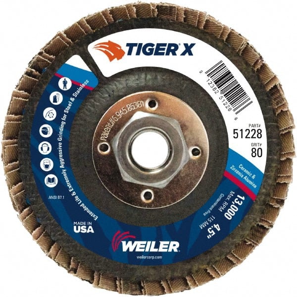 Weiler - 181 Grit, 4-1/2" Disc Diam, 5/8-11 Center Hole, Type 27 Zirconia Alumina Flap Disc - 13,000 Max RPM, Phenolic Backing, Arbor Attaching System, Coated - Exact Tooling