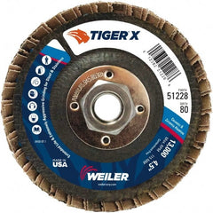 Weiler - 181 Grit, 4-1/2" Disc Diam, 5/8-11 Center Hole, Type 27 Zirconia Alumina Flap Disc - 13,000 Max RPM, Phenolic Backing, Arbor Attaching System, Coated - Exact Tooling