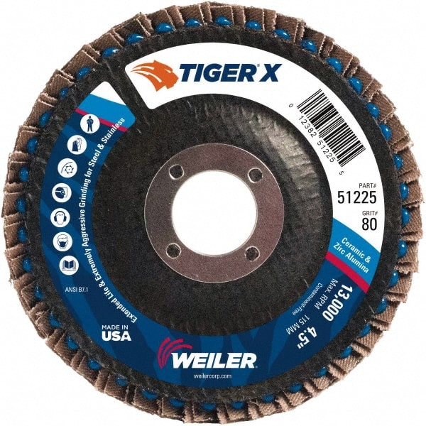 Weiler - 181 Grit, 4-1/2" Disc Diam, 7/8" Center Hole, Type 27 Zirconia Alumina Flap Disc - 13,000 Max RPM, Phenolic Backing, Arbor Attaching System, Coated - Exact Tooling