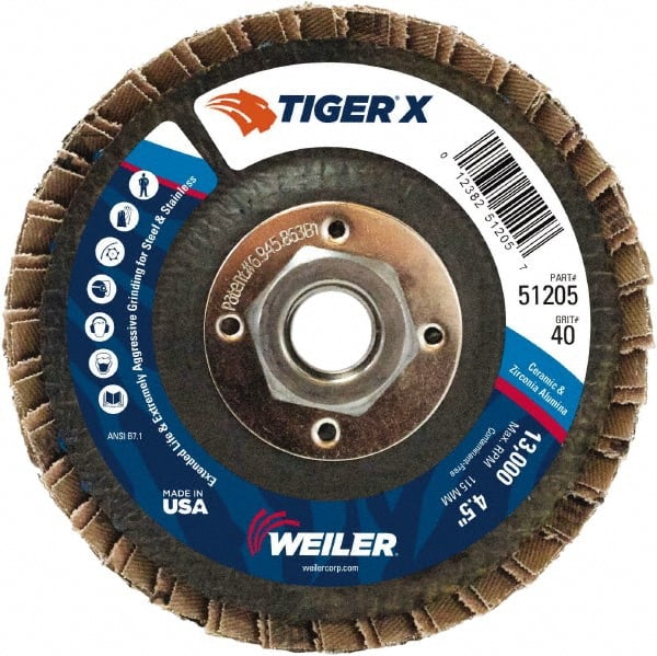 Weiler - 426 Grit, 4-1/2" Disc Diam, 5/8-11 Center Hole, Type 29 Zirconia Alumina Flap Disc - 13,000 Max RPM, Phenolic Backing, Arbor Attaching System, Coated - Exact Tooling