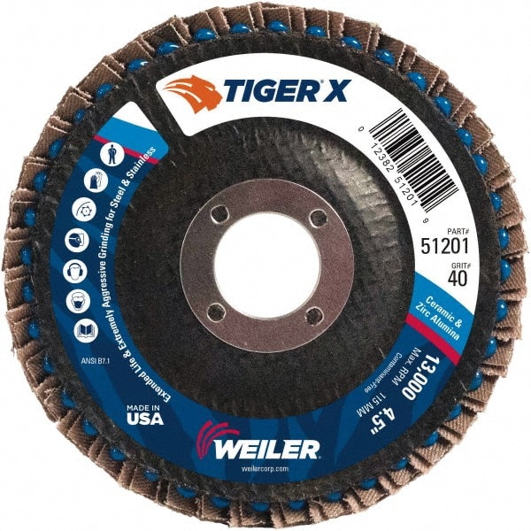 Weiler - 426 Grit, 4-1/2" Disc Diam, 7/8" Center Hole, Type 29 Zirconia Alumina Flap Disc - 13,000 Max RPM, Phenolic Backing, Arbor Attaching System, Coated - Exact Tooling
