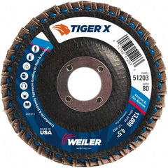 Weiler - 181 Grit, 4-1/2" Disc Diam, 7/8" Center Hole, Type 29 Zirconia Alumina Flap Disc - 13,000 Max RPM, Phenolic Backing, Arbor Attaching System, Coated - Exact Tooling