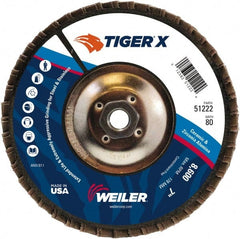 Weiler - 181 Grit, 7" Disc Diam, 5/8-11 Center Hole, Type 29 Zirconia Alumina Flap Disc - 8,600 Max RPM, Phenolic Backing, Arbor Attaching System, Coated - Exact Tooling