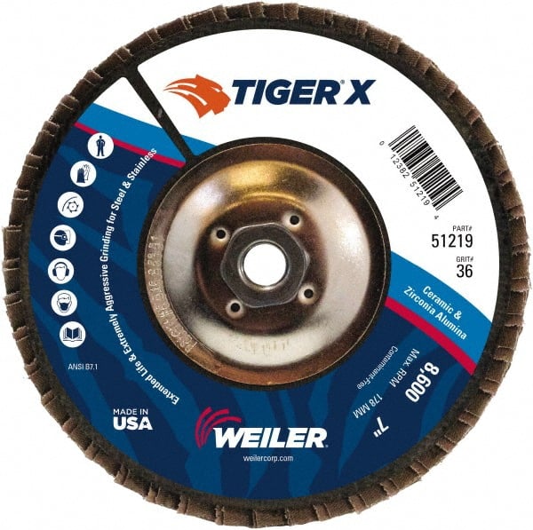 Weiler - 501 Grit, 7" Disc Diam, 5/8-11 Center Hole, Type 29 Zirconia Alumina Flap Disc - 8,600 Max RPM, Phenolic Backing, Arbor Attaching System, Coated - Exact Tooling