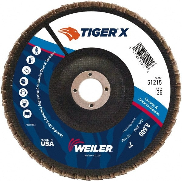 Weiler - 501 Grit, 7" Disc Diam, 7/8" Center Hole, Type 29 Zirconia Alumina Flap Disc - 8,600 Max RPM, Phenolic Backing, Arbor Attaching System, Coated - Exact Tooling