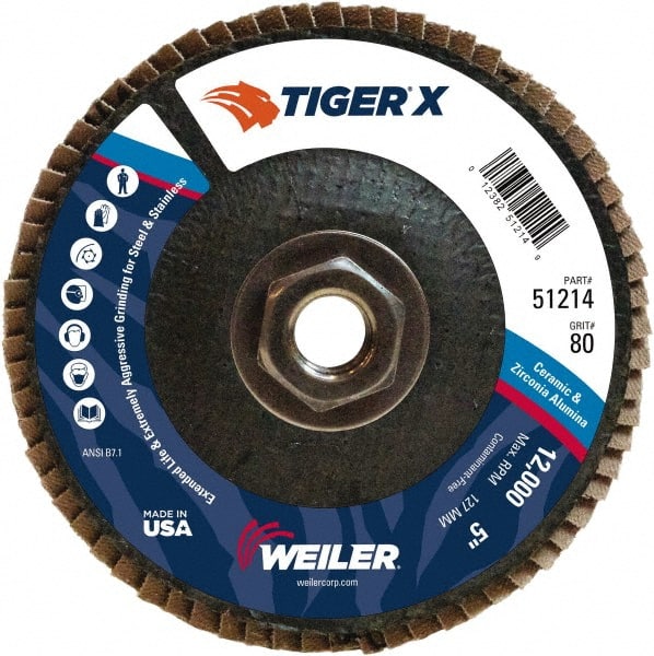 Weiler - 181 Grit, 5" Disc Diam, 5/8-11 Center Hole, Type 29 Zirconia Alumina Flap Disc - 12,000 Max RPM, Phenolic Backing, Arbor Attaching System, Coated - Exact Tooling