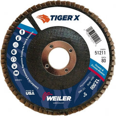Weiler - 181 Grit, 5" Disc Diam, 7/8" Center Hole, Type 29 Zirconia Alumina Flap Disc - 12,000 Max RPM, Phenolic Backing, Arbor Attaching System, Coated - Exact Tooling