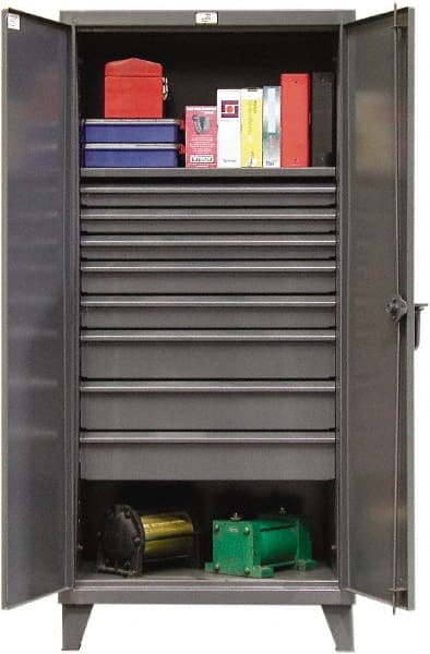 Strong Hold - 1 Shelf 8 Bin Locking Storage Cabinet - Steel, 36" Wide x 24" Deep x 78" High, Dark Gray - Exact Tooling