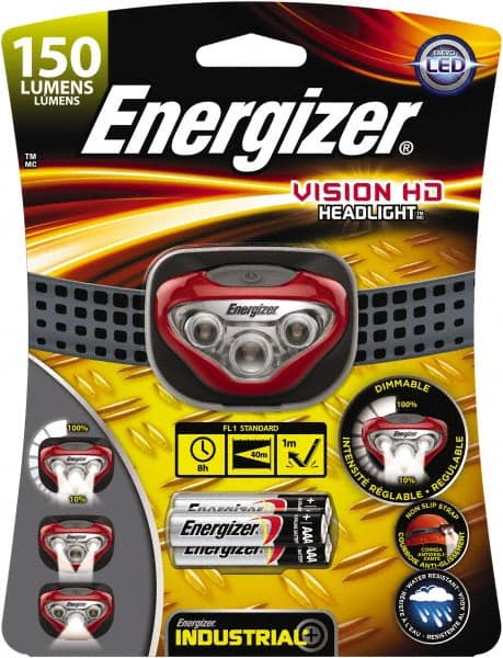 Energizer - White LED Bulb, 180 Lumens, Hands-free Flashlight - Red, Gray Plastic Body, 3 AAA Alkaline Batteries Included - Exact Tooling