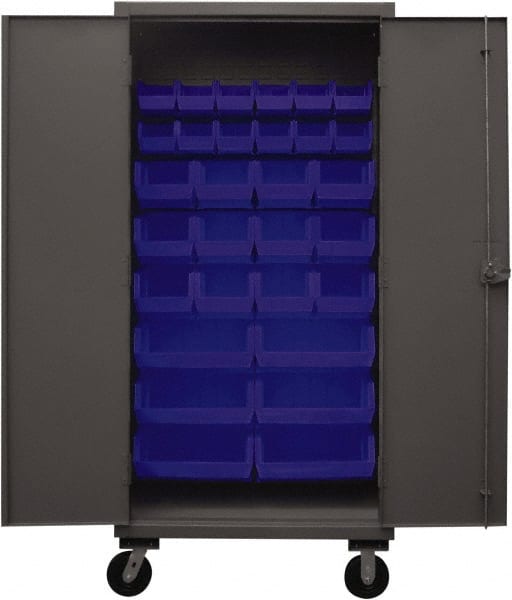 Durham - 30 Bin Mobile Storage Cabinet - Steel, 36" Wide x 24" Deep x 80" High, Blue - Exact Tooling
