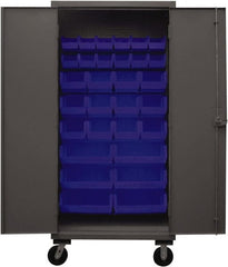 Durham - 30 Bin Mobile Storage Cabinet - Steel, 36" Wide x 24" Deep x 80" High, Blue - Exact Tooling