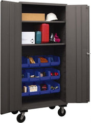 Durham - 2 Shelf 12 Bin Mobile Storage Cabinet - Steel, 36" Wide x 24" Deep x 80" High, Blue - Exact Tooling