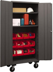 Durham - 2 Shelf 12 Bin Mobile Storage Cabinet - Steel, 36" Wide x 24" Deep x 80" High, Red - Exact Tooling