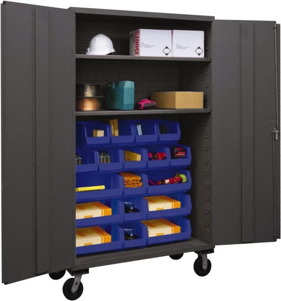 Durham - 2 Shelf 18 Bin Mobile Storage Cabinet - Steel, 48" Wide x 24" Deep x 80" High, Blue - Exact Tooling