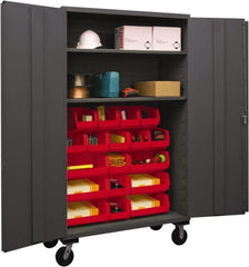 Durham - 2 Shelf 18 Bin Mobile Storage Cabinet - Steel, 48" Wide x 24" Deep x 80" High, Red - Exact Tooling