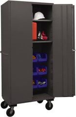 Durham - 2 Shelf 12 Bin Mobile Storage Cabinet - Steel, 36" Wide x 24" Deep x 80" High, Blue - Exact Tooling