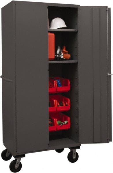 Durham - 2 Shelf 12 Bin Mobile Storage Cabinet - Steel, 36" Wide x 24" Deep x 80" High, Red - Exact Tooling