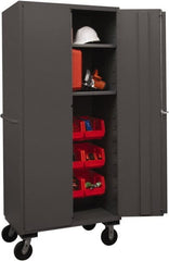 Durham - 2 Shelf 12 Bin Mobile Storage Cabinet - Steel, 36" Wide x 24" Deep x 80" High, Red - Exact Tooling