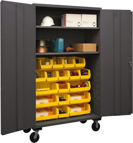 Durham - 2 Shelf 18 Bin Mobile Storage Cabinet - Steel, 48" Wide x 24" Deep x 80" High, Yellow - Exact Tooling